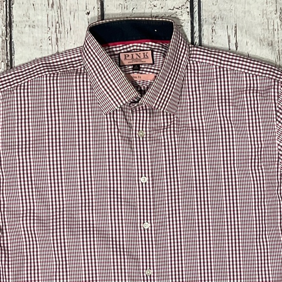 Thomas Pink Button Down Pink Plaid Long Sleeve Dress Suit Shirt Mens - Picture 2 of 5